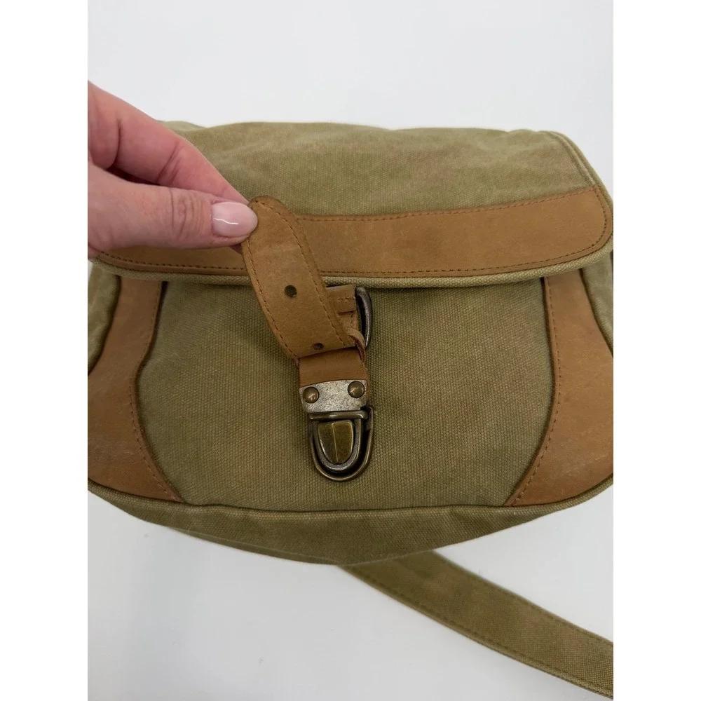 LL Bean Canvas Messenger Bag Olive Green Leather Trim Crossbody Field Bag Vtg